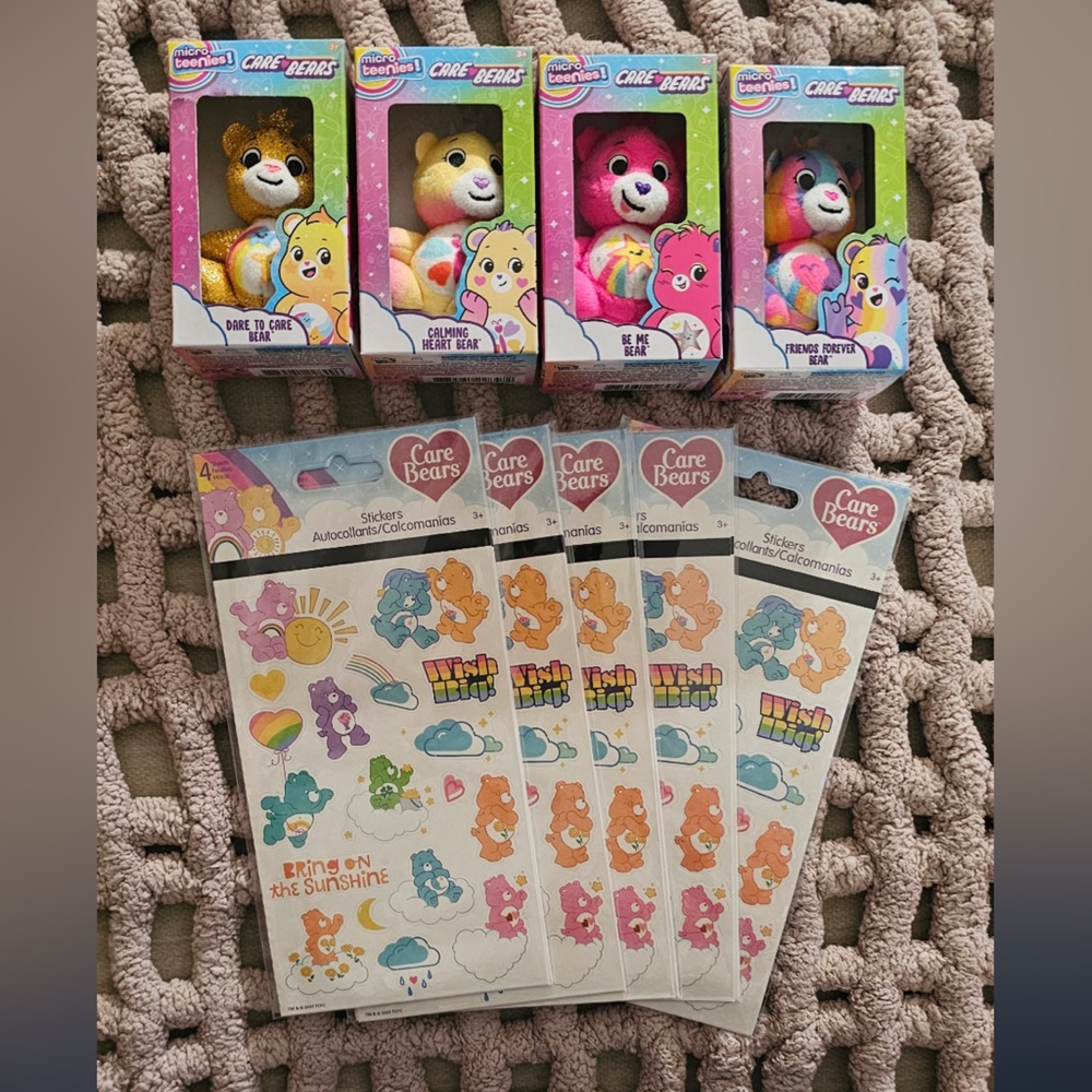 Care Bears Gift Set w/4 Micro Teenies Plush and 5 Sticker Packs.